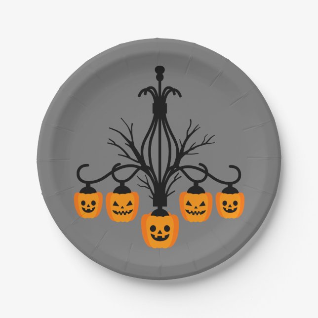 Plato De Papel Candelabro de calabaza gótico de Halloween (Anverso)