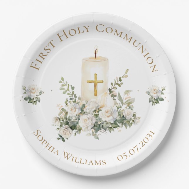 Plato De Papel Candle Cross Flowers First Holy Communion  (Anverso)