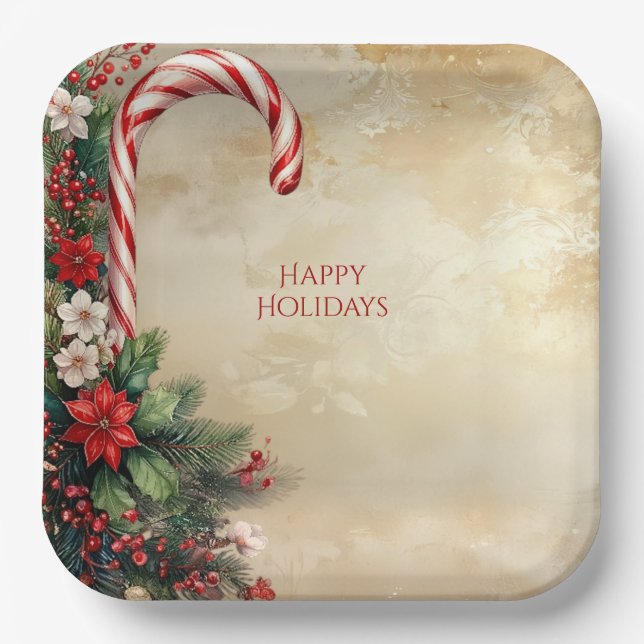 Plato De Papel Candy Cane Christmas Holiday Paper Plate (Anverso)