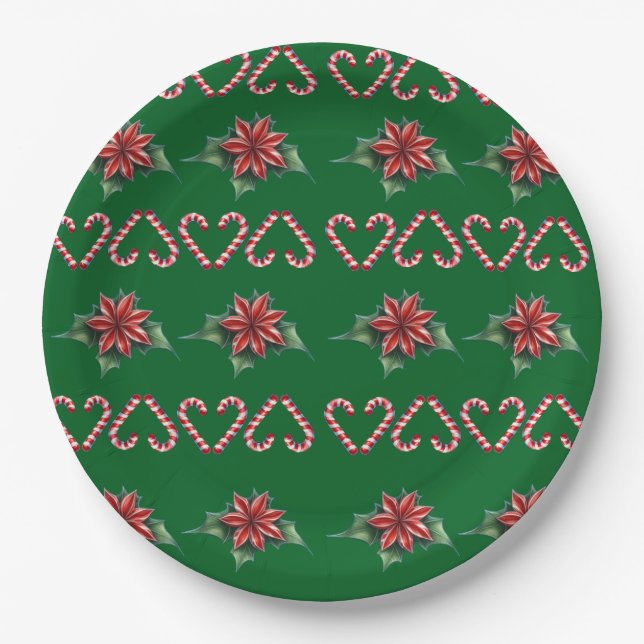 Plato De Papel Candy Cane Heart and Holly Pattern – Festive Chris (Anverso)
