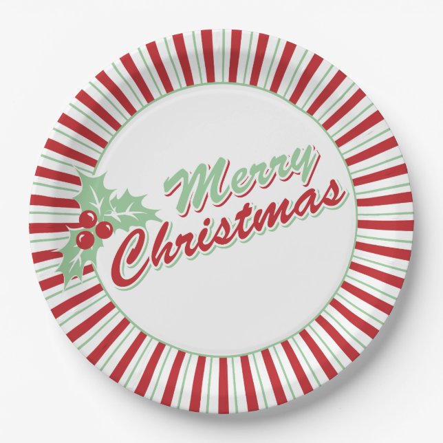 Plato De Papel Candy Cane Holly | Placas de papel de Navidades re (Anverso)