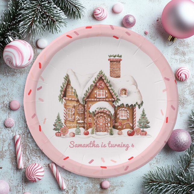 Plato De Papel "Candy Gingerbread House Pink Birday (Subido por el creador)