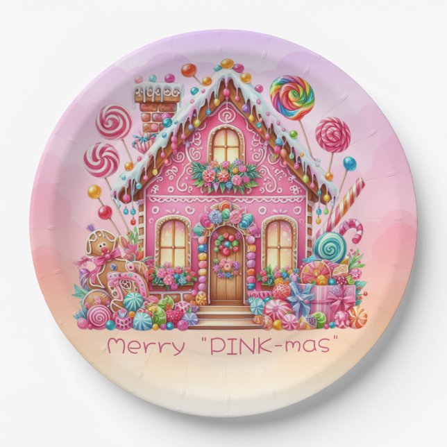 Plato De Papel Candy House, Navidades de "PINK-mas" y merry (Anverso)