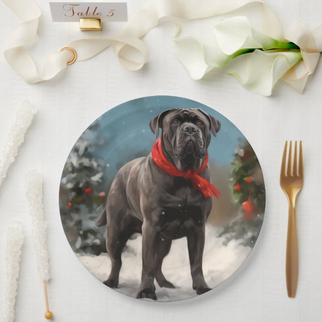 Plato De Papel Cane Corso Dog en Navidades de nieve (Boda)