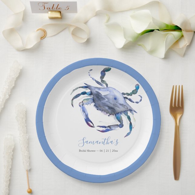 Plato De Papel Cangrejo acuático Dusty Blue Beach Bridal Shower (Boda)