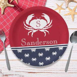 Plato De Papel Cangrejo azul de la Marina Blanca Rojo monogramado