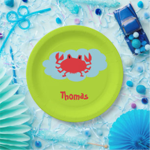 Plato De Papel Cangrejo rojo con nombre personalizado en azul y v