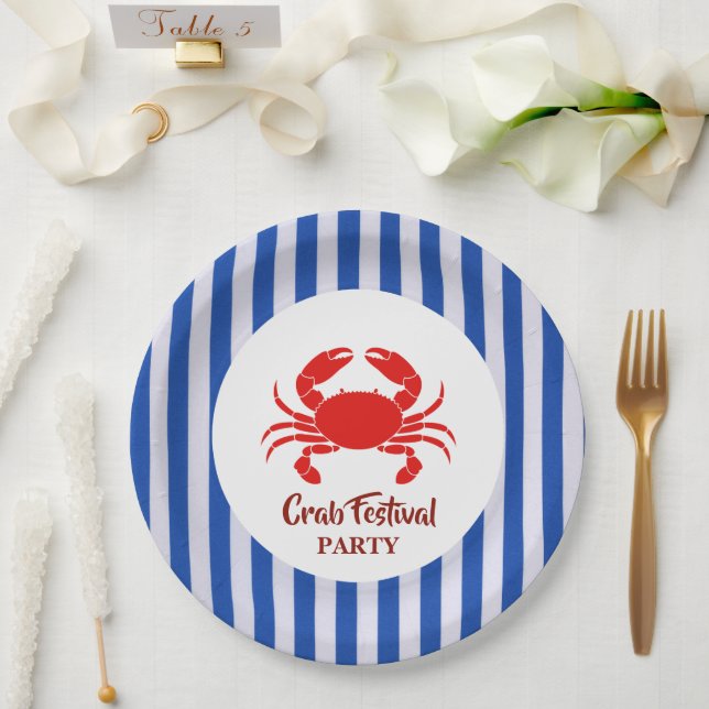 Plato De Papel Cangrejo Rojo Marisco Marisco Nautical Azul Stripe (Boda)