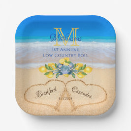 Plato De Papel Cangrejos y corazones Bodas de limón en arena