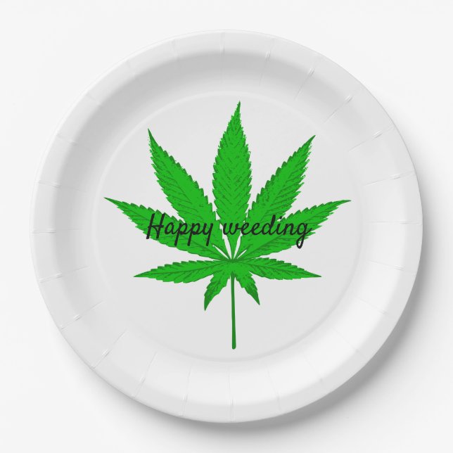 Plato De Papel Cannabis, Boda de la maleza feliz Pun (Anverso)