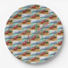 PLATO DE PAPEL CANOAS ATRAPADAS EN EL FIESTA MONOGRAM DE LA PLAYA