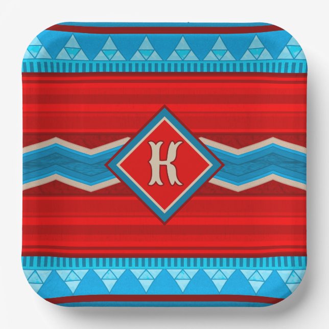 Plato De Papel Cañón del río suroeste Turquesa roja monogramada (Anverso)