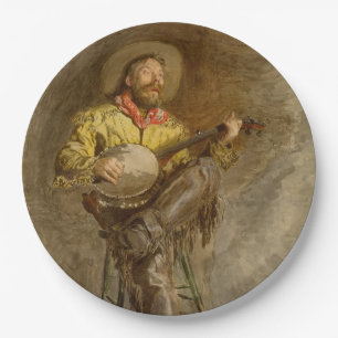 Plato De Papel Cantando Cowboy Español con Banjo Tocando Canción