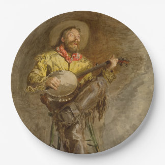 Plato De Papel Cantando Cowboy Español con Banjo Tocando Canción