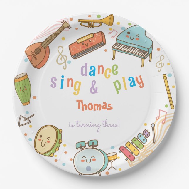 Plato De Papel Cantar danza y jugar a los niños cumpleaños (Anverso)