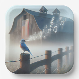 Plato De Papel Canto de Bluebird en la niebla matutina