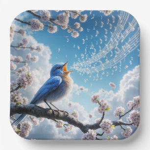 Plato De Papel Canto de pájaro azul en rama de árbol de cerezo