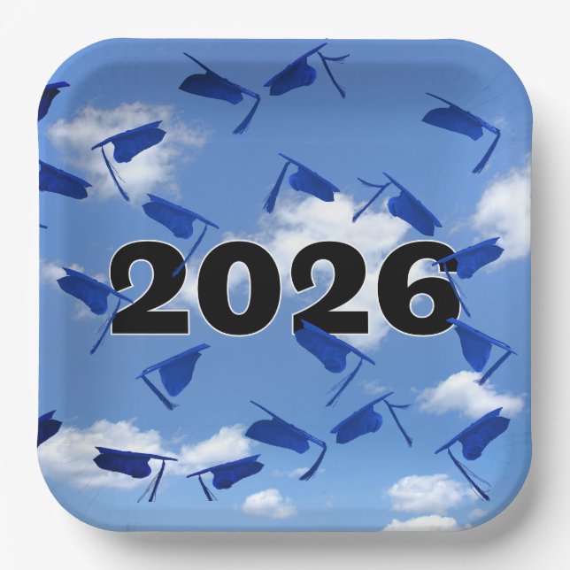 Plato De Papel Capas de graduación azul 2025 en el cielo (Anverso)