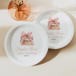 Plato De Papel Capítulo Tres Libros con Lazo Rosa Fiesta de Cumpl