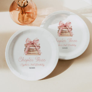 Plato De Papel Capítulo Tres Libros con Lazo Rosa Fiesta de Cumpl