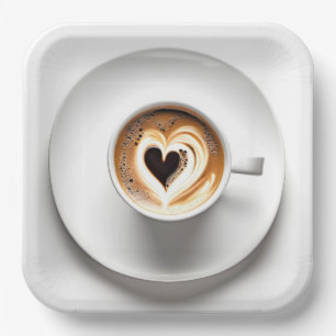 Plato De Papel Cappuccino De Corazón En Copa De Café Blanco