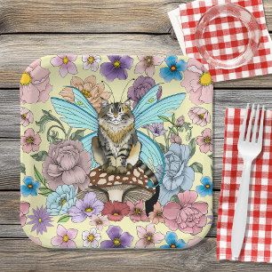 Plato De Papel Caprichosa gata hada atigrada pastel Floral Fantas