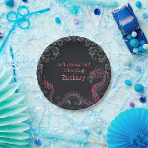 Plato De Papel Caprichoso Dragón Negro Rojo Damask Fiesta de Dulc
