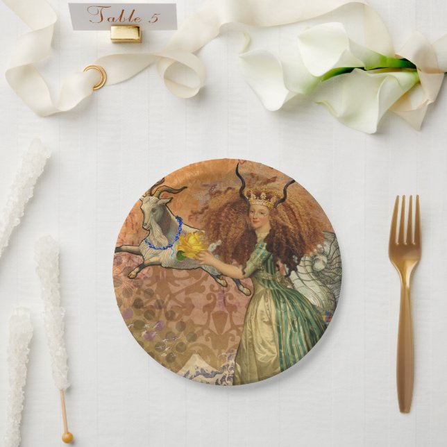 Plato De Papel Capricorn Mujer Goat Whimsical Fun (Boda)
