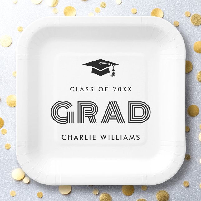 Plato De Papel Captura de graduación Clase de nombre de estudiant (Graduation cap Student Grad name class white Paper Plates)