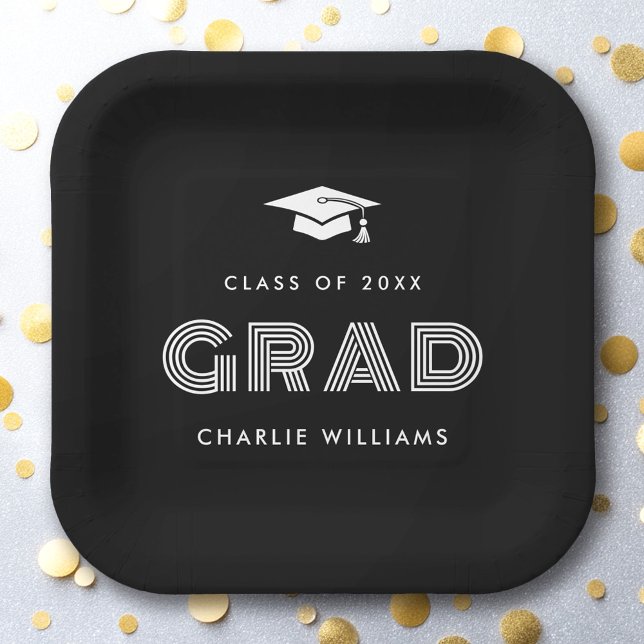 Plato De Papel Captura de graduación Clase de nombre de estudiant (Graduation cap Student Grad name class black Paper Plates)