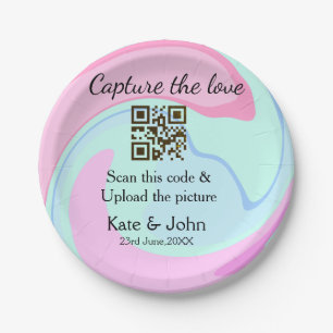 Plato De Papel Capturar el amor añadir QR scan mármol azul rosa