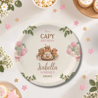 Plato De Papel Capybara Capy Party Cute Pink Kawaii Girl Birthday