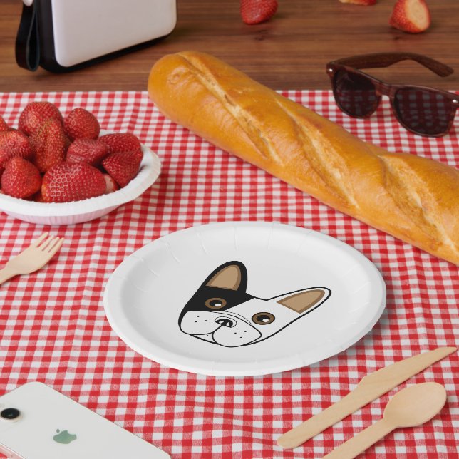 Plato De Papel Cara de Bulldog franco-negro y blanco (Picnic)