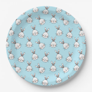 Plato De Papel Cara de conejo lindo patrón en azul claro