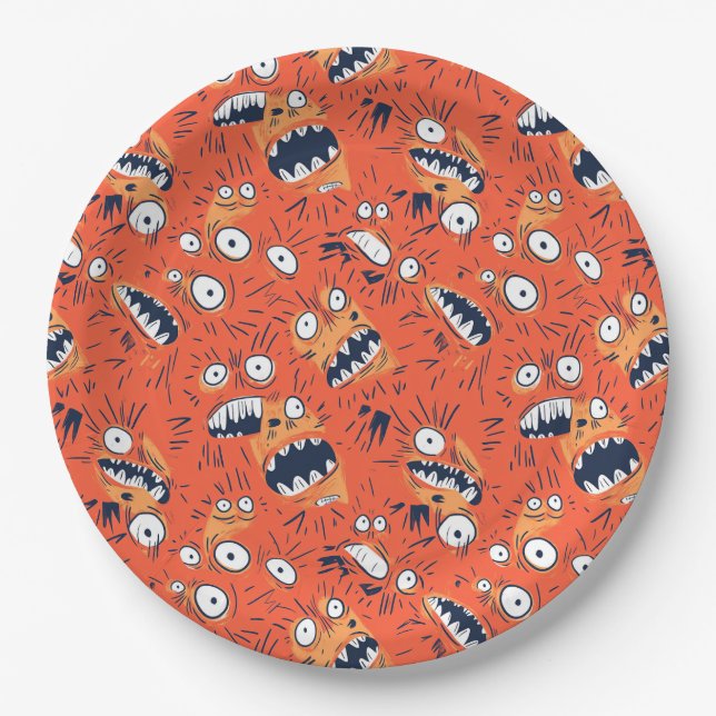 Plato De Papel Cara divertida de monstruo naranja gritando  (Anverso)