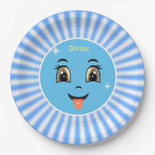 Plato De Papel Cara feliz divina linda y rayos azules