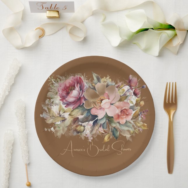 Plato De Papel Caramel Brown Peach Rosa Borgoña Floral Ducha (Boda)