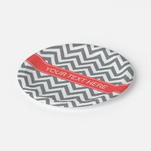 Plato De Papel Carbón Blanco LG Chevron Coral Nombre Rojo Monogra