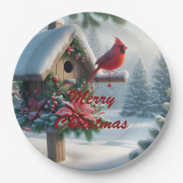 Plato De Papel Cardenal de invierno en un hogar festivo