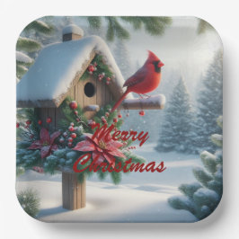 Plato De Papel Cardenal de invierno en un hogar festivo