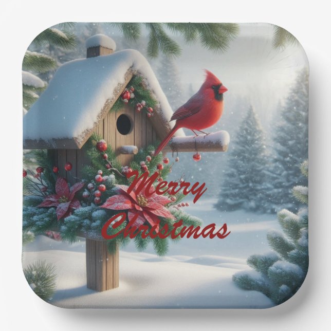 Plato De Papel Cardenal de invierno en un hogar festivo (Anverso)