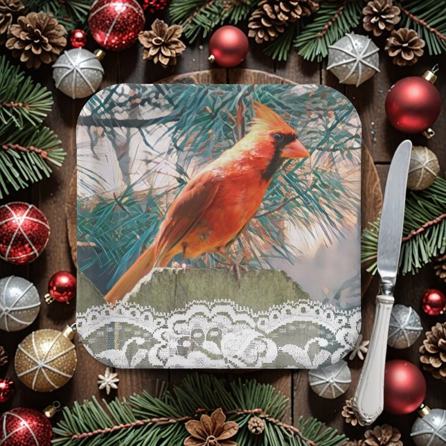 Plato De Papel Cardenal frente del invierno de los pinos (A handsome red bird (northern cardinal) sits before a pine. Lace adds an elegant touch to your plate)