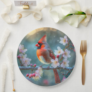 Plato De Papel Cardenal masculino en flor de cerezo a la luz de l
