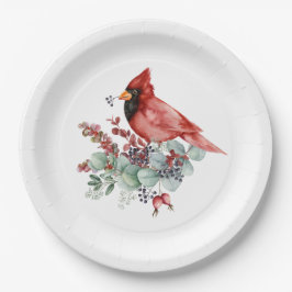 Plato De Papel Cardenal Rojo, Berries Rojos, Navidades Eucaliptus