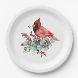 Plato De Papel Cardenal Rojo, Berries Rojos, Navidades Eucaliptus