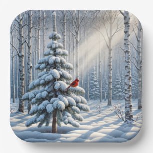 Plato De Papel Cardenal Rojo Encaramado En Un Pino De Nieve