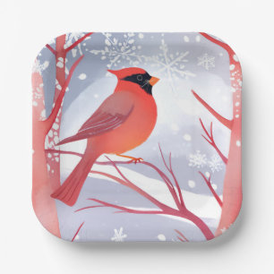 Plato De Papel Cardenal Rojo Hermosa Pintura Acuarela
