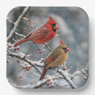 Plato De Papel Cardenales de Navidad en rama de árbol invernal