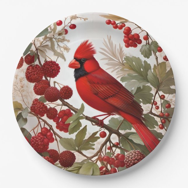 Plato De Papel Cardenales del norte de Bird Red Berries (Anverso)