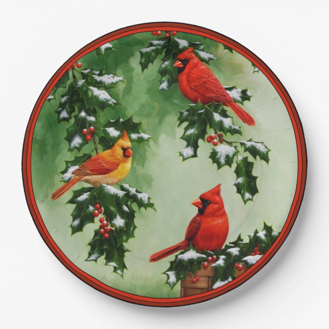 Plato De Papel Cardenales rojos del norte y Holly (Anverso)